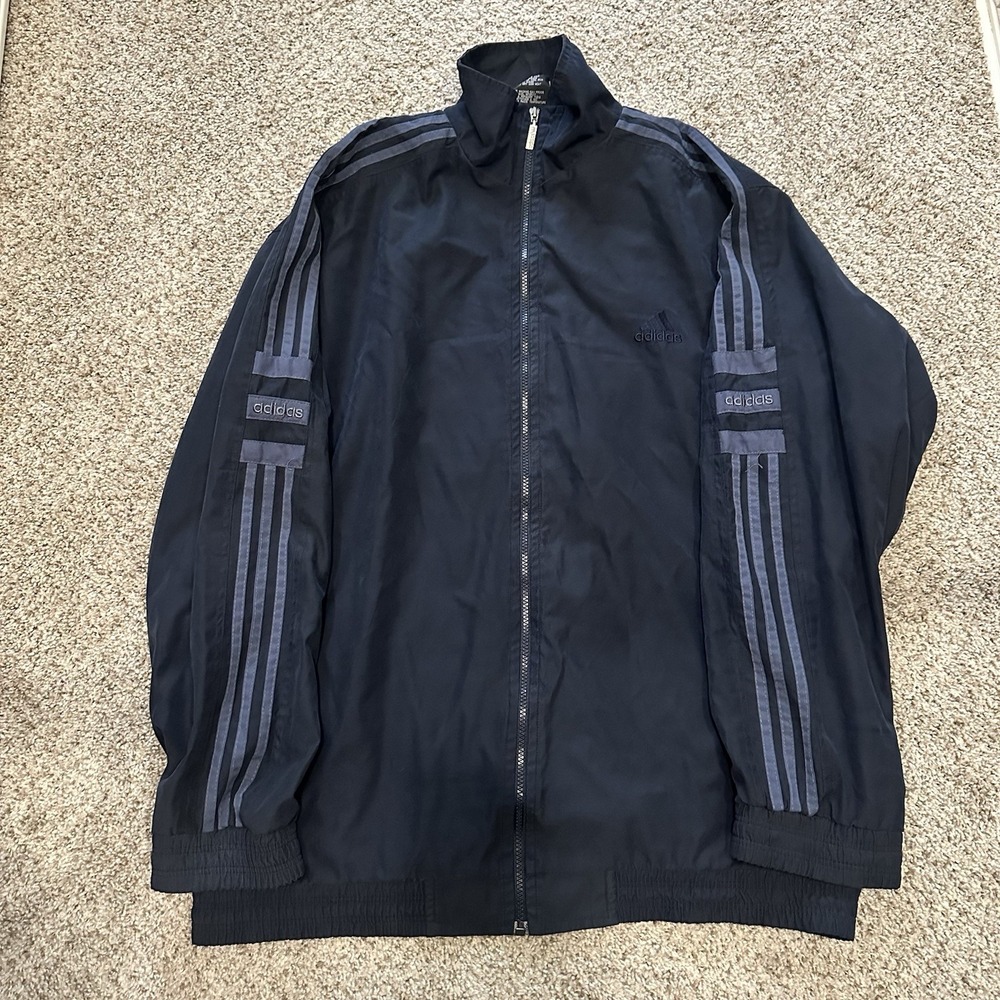 Vintage Adidas Mens Overcoat Track Jacket XL Dark Blue Preowned 90s Embroidered